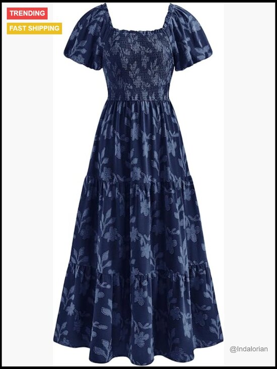 Dresses & Skirts - Boho Maxi Dress Floral Short Sleeve Square Neck Smocked Flowy Long Vacation